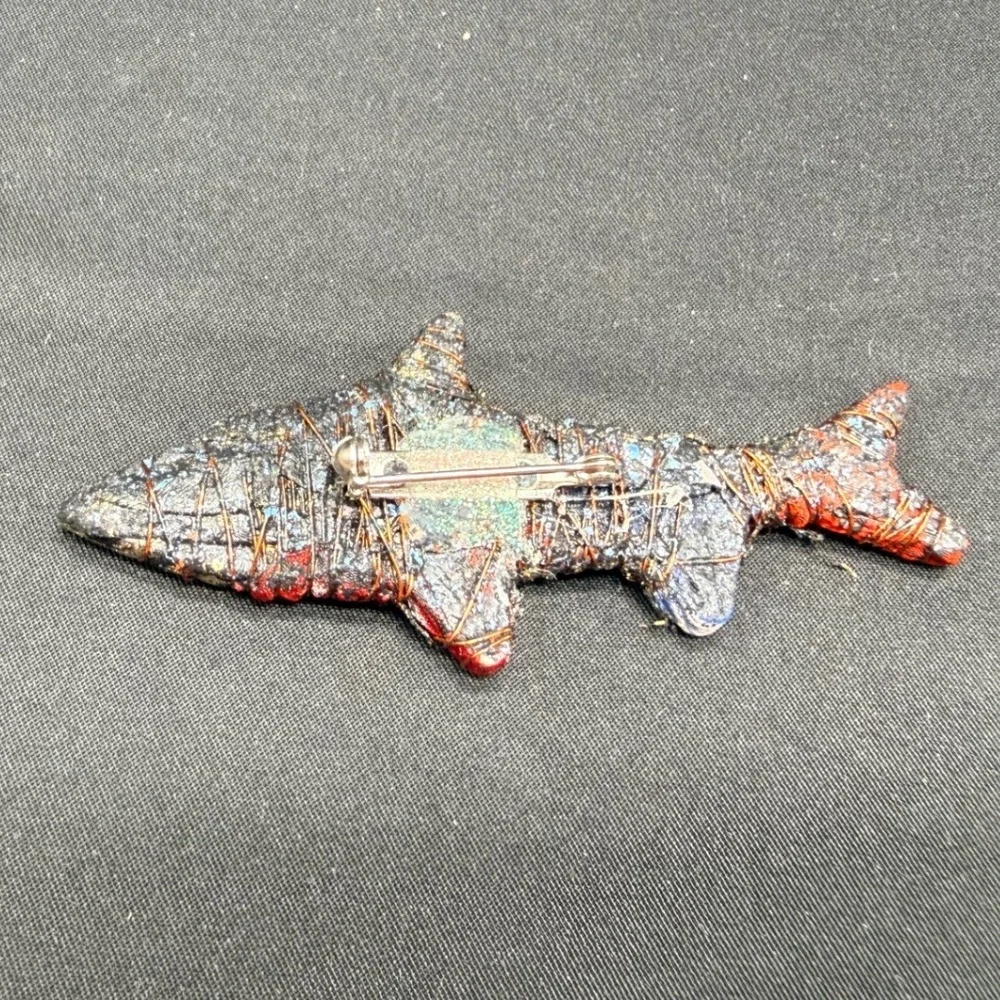 Handmade Mixed Media Shark Brooch Wire Wrapped Fabric Art Pin Nautical Jewelry